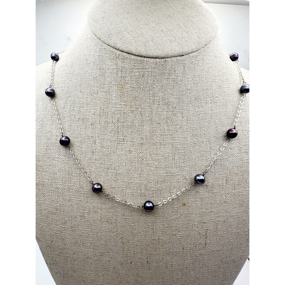 925 Sterling Silver Cultured Black Pearl Station Necklace 18” 6mm